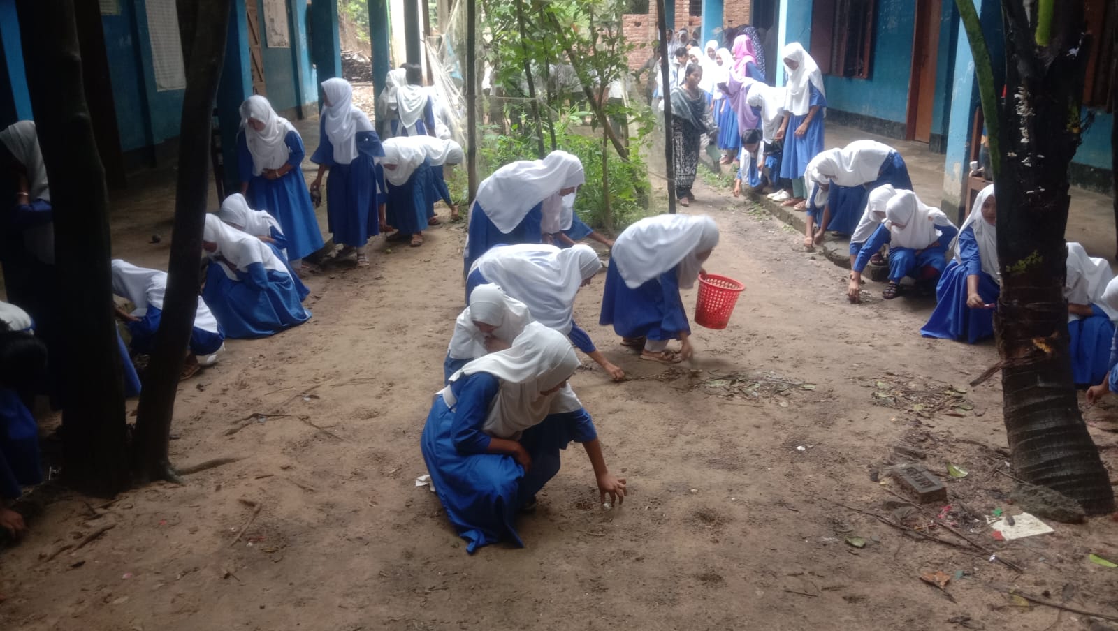 গাছের ছায়াতলে সারিবদ্ধ পরিচ্ছন্নতা কাজ